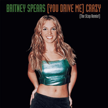A picture of a blonde female standing in front of a black background. She has her hands positioned on her hips, and is smiling. Above her head there are the words "BRITNEY SPEARS" in green, "(YOU DRIVE ME) CRAZY" in orange, and "(THE STOP REMIX!)" in white.