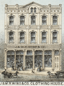Engraving of a store-front building titled J. & W. R. Wing & Co. clothing house
