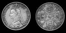 Two sides of a coin, with head view of Victoria on one side and a design on the other