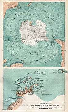  The upper of the two maps gives a projected outline of the then largely undiscovered coast of continental Antarctica, and shows its relations to the landmasses of South America, Africa and Australia. The lower map is an approximate representation of the Antarctic peninsula as envisaged in the late 19th century.