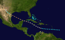 Map showing the track of a storm across seas and landmasses. The track begins at bottom-right and progresses generally towards the upper-left corner.