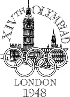 The Palace of Westminster, a Gothic architecture building with two towers, sits behind the Olympic rings. The words "XIVth Olympiad" is written across the top in a semi-circular shape, while the words "London 1948" is written at the bottom of the logo.