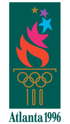 A fire, emitting many different-colored stars, burns from a cauldron represented by the gold-colored Olympic rings and the number "100" acting as the cauldron's stand. The words "Atlanta 1996", also written in gold, are placed underneath. The image is situated on a dark green background, with a gold border.