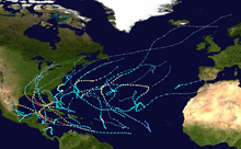 Tracks of about 28 tropical storms, including 15 hurricanes, cluster in the Caribbean and Gulf of Mexico, with some scattered in the Atlantic. Seven hurricanes are major, and most of them make landfall on the U.S. Gulf coast.