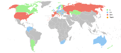 A map of the world in which countries are coloured indicating the number of cyclists in the race from that country. Italy, Spain, France, Belgium, Russia and United States had more than ten riders each, and riders in smaller numbers came from other countries, mostly in western Europe, but also in South America, Canada, Australia, and South Africa.