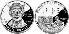 Two sides of a coin, with a portrait of Braille on the front and a child reading a braille book on the back