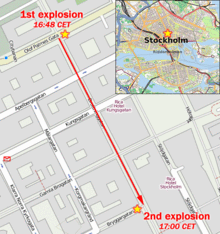 Street map showing the distance between the bombings (about three city blocks), with a larger map of Stockholm inset