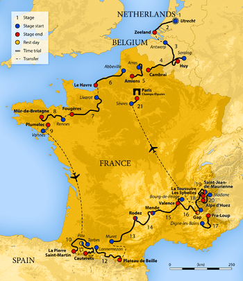 Map of France showing the showing the path of the race going counter-clockwise starting in the Netherlands, going through Belgium, then around France.