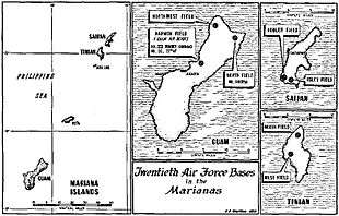 Black and white map of the Mariana Islands marked with the locations of airfields mentioned in the text of the article