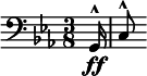  \relative c { \clef bass \time 3/8 \key c \minor \partial 16*1 g16^^\ff | c8^^ } 