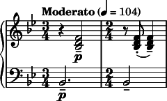  { \new PianoStaff << \new Staff \relative c' { \clef treble \key bes \major \time 3/4 \tempo "Moderato" 4 = 104 r4 <f d bes>2\p-- | \time 2/4 r8 <f d bes>8-.( <f d bes>4)-- } \new Staff \relative c { \clef bass \key bes \major \time 3/4 bes2.\p-- | \time 2/4 bes2-- } >> } 