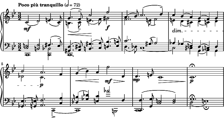 
{  \new PianoStaff <<
    \new Staff \relative c' { \clef treble \time 3/2 \key bes \major \tempo "Poco più tranquillo" 2 = 72 c2(\mf d) e4.( c8)-- << { \stemUp g'4.(\< f8--) c'2\! f\f | a,4.( bes8) c2.( d4--) | c\dim bes( a) g( f) g | bes2 a2.\p } \\ { \stemDown b,4.( c8--) e4.( f8) gis2 | f2.. e8( f2) | e4 d( cis) d( c) d | des2 c2. } >> f4 | g(\< bes) a\! f'2\mf\> d,4\! | d4.(\mp e8 c1\> | c1.\!\fermata\p } 
    \new Staff \relative c { \clef bass \time 3/2 \key bes \major << { <e c>2 <f b,> fis4.( e8--) | <d gis,>4.( <dis a>8) <gis b,>4.( <a c,>8) <bes d,>4.( <b ees,>8) | c2.. gis8( a2) | aes4 ges( e) d( c) d | <ees ges,>4.( <e g,>8) <f a,>2. <a c,>4 | <b des,>( <des ges,>) <c e,> aes'2 f,4 | <f c,>4.( <g g,>8 <e c>2( <f d>) | g1.\fermata } \\ { c,,1 <bes' c,>2 | c,1. | d'4.( des8) c1~ | c2 cis4 g( aes) g | s1 c,2->~ | c1 b2 | c1 s2 | d'2( e1)\fermata } >> } 
>> }
