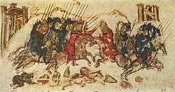 Battle scene of two groups of cavalry with lances