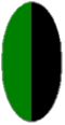 A two-toned oval shape, one half of which is green and the other half black surrounded by a strip of light grey