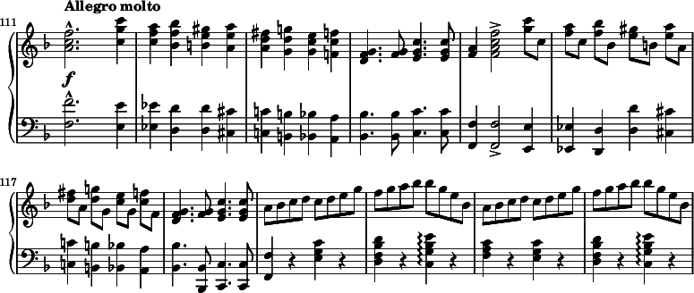 
\new PianoStaff <<
  \new Staff = "up" \with { \remove "Time_signature_engraver" } { \relative c'' {
    \key f \major \clef treble
    \set Score.currentBarNumber = #111 \bar ""
    \set Staff.midiInstrument = "string ensemble 1"
    \accidentalStyle "modern"
    \set Score.tempoHideNote = ##t \tempo "Allegro molto" 2 = 108
    \override Score.SpacingSpanner #'common-shortest-duration = #(ly:make-moment 1 4)
    \time 2/2

    <a c f>2.^\marcato <c g' c>4 | <c f a> <bes f' bes> <b e gis> <a e' a> | <a d fis> <g d' g> <g c e> <f c' f> | <d f g>4. <f g>8 <e g c>4. q8 |
    \set beamExceptions = #'((end . ( ((1 . 8) . (2 2 2 2)) )))
    <f a>4 <f a c f>2-> <g' c>8 c, | <f a> c <f bes> bes, <e gis> b <e a> a, | <d fis> a <d g> g, <c e> g <c f> f, | <d f g>4. <f g>8 <e g c>4. q8 |
    \set beamExceptions = #'()
    a bes c d c d e g | f g a bes bes g e bes |     a bes c d c d e g | f g a bes bes g e bes |
  }}
  \new Dynamics { s4\f }
  \new Staff = "down" \with { \remove "Time_signature_engraver" } { \relative c {
    \key f \major \clef bass
    \set Staff.midiInstrument = "cello"
    \accidentalStyle "modern"

    <f f'>2.^\marcato <e e'>4 | <es es'> <d d'> q <cis cis'> | <c c'> <b b'> <bes bes'> <a a'> | <bes bes'>4. q8 <c c'>4. q8 |
    <f, f'>4 q2-> <e e'>4 | <es es'> <d d'> <d' d'> <cis cis'> | <c c'> <b b'> <bes bes'><a a'> | <bes bes'>4. <bes, bes'>8 <c c'>4. q8 |
    <f f'>4 r <e' g c> r | <d f bes d> r <c g' bes e>\arpeggio r | <f a c> r <e g c> r | <d f bes d> r <c g' bes e>\arpeggio r |
  }}
>>
