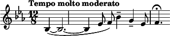  \relative c' { \clef treble \key ees \major \time 12/8 \tempo "Tempo molto moderato" \partial 8*5 bes4~\p\<( bes2.~ | bes4 ees8 f) bes4-- g-- ees8 f4.\fermata } 