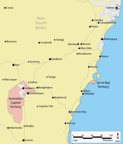 The Australian Capital Territory is approximately 250 kilometres southwest of Sydney, surrounded by New South Wales. The Jervis Bay Territory is about 125 kilometres east of the ACT, on the coast.