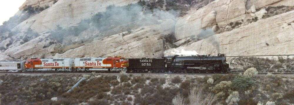 ATSF 3751, on its first trip after restoration, leads a train eastbound through Cajon Pass.