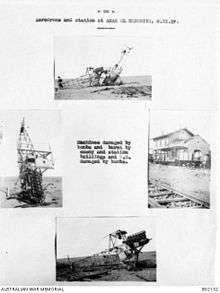 Three small photos of damaged aircraft and building