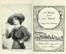 Two pages of a book, the one on the left depicting a woman wearing a hat and the one on the right reading "A Bride from the Bush Ernest Wm Hornung"