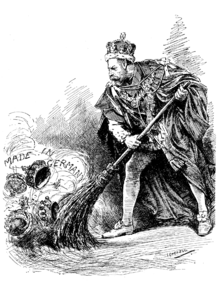 A man, wearing a crown and holding a broom, sweeps away a collection of other crowns