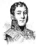 Black and white print of a clean-shaven man with long sideburns wearing a high-collared military uniform with lots of lace.