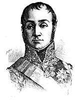 Black and white engraving of a man in a fancy military uniform of the early 1800s