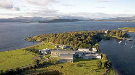 Aerial view of Scottish Association for Marine Science showing its location on the shores of Loch Linnhe, Scotland