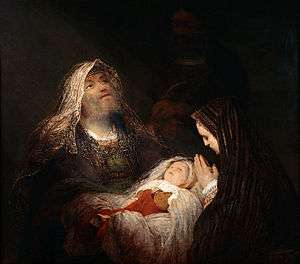 "Image of an old man, Simeon, raising baby Jesus into the air in an act of praise"