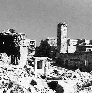 Bombed-out buildings and rubble