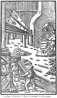 woodcut image with top showing man at open hearth with tongs and machine bellows to the side. Bottom shows man at water-operated hammer with a sluice nearby for quenching.