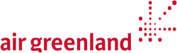 The Air Greenland workmark and starburst trademark in red on a white background