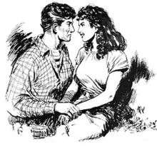 Drawing of a young man looking intently into the eyes of a smiling young woman while holding her hand.