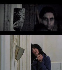 Top: A screenshot from the game, with Alan looking at an ax that is being smashed through a door from the other side. Bottom: A similar-looking picture from the movie The Shining, where a woman is witnessing the same situation.