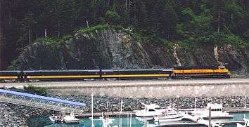 A train and the highway passing a harbor