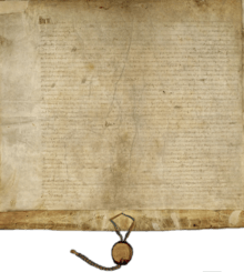 A piece of rectangular parchment with a ribbon and seal hanging from the bottom.