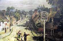 Watercolour of Aldermaston looking up the street with house on the left and right and a public house in the foreground on the right