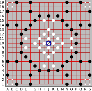 Game-board grid with red lines, black and white dots and blue X in center