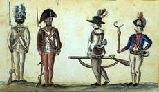 Four American soldiers painted by a Frenchman at Yorktown in 1781