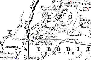 Cherry Valley lies south of the Mohawk River and east of the northern end of Lake Otsego. Unadilla is southwest, near where the Unadilla River joins the Susquehanna. Onaquaga lies a short way further southwest, on the Susquehanna.