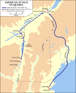 Montgomery's route started at Fort Ticonderoga in eastern upstate New York, went north along Lake Champlain to Montreal, and then followed the Saint Lawrence River downstream to Quebec. Arnold's route started at Cambridge, Massachusetts, went overland to Newburyport and by sea to present-day Maine.  From there, it went up the Kennebec River and over a height of land separating the Kennebec and Chaudière watersheds to Lake Mégantic.  It then descended the Chaudière River to Quebec City.