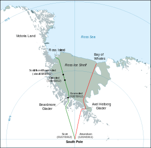  Map of a segment of Antarctica, identifying the polar marches of Scott and Amundsen.