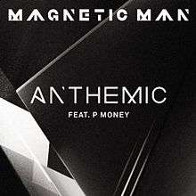 A portrait of black background with a black triangle and white paper under the triangle, Up on the capital word is 'MAGNETIC MAN' on Middle capital word is 'ANTHEMIC' and middle down is 'FEAT. P MONEY'