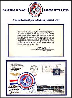 A rectangle with the headline "An Apollo 15 Flown Lunar Postal Cover" with a logo in the middle. Below it are two smaller frames. One has some text certifying that what was below was flown to the moon and back, signed by flight commander David Scott. Below it is an envelope with stamps, logos and postmarks