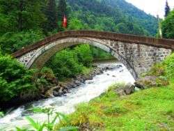 Slim arched bridge over a rushing river in a steep-sided valley.