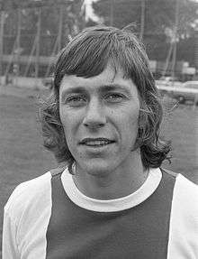 Arnold Muhren with shoulder-length hair wearing an Ajax football shirt