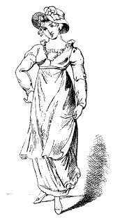 Sketch of a young lady in an old fashioned dress. She is pretty and has one hand on her waist.