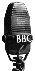 Black-and-white photo of rectangular microphone with "BBC" lettering