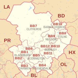 BB postcode area map, showing postcode districts, post towns and neighbouring postcode areas.