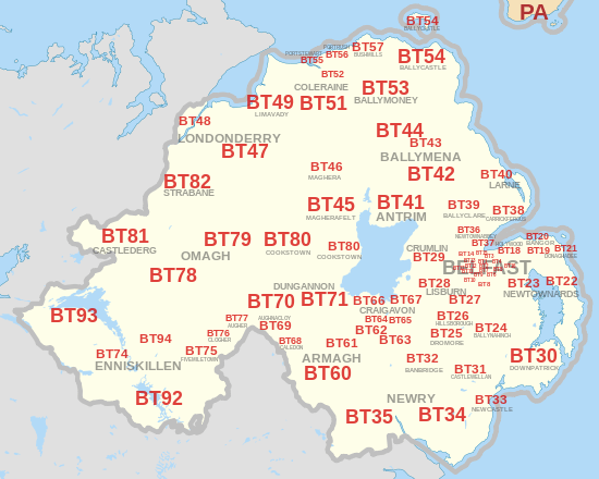 BT postcode area map, showing postcode districts, post towns and neighbouring postcode areas.